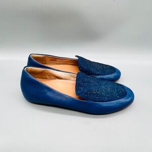 FitFlop Shoes Womens 6.5 Blue Leather Crystal Embellished Loafers Slip On Flats